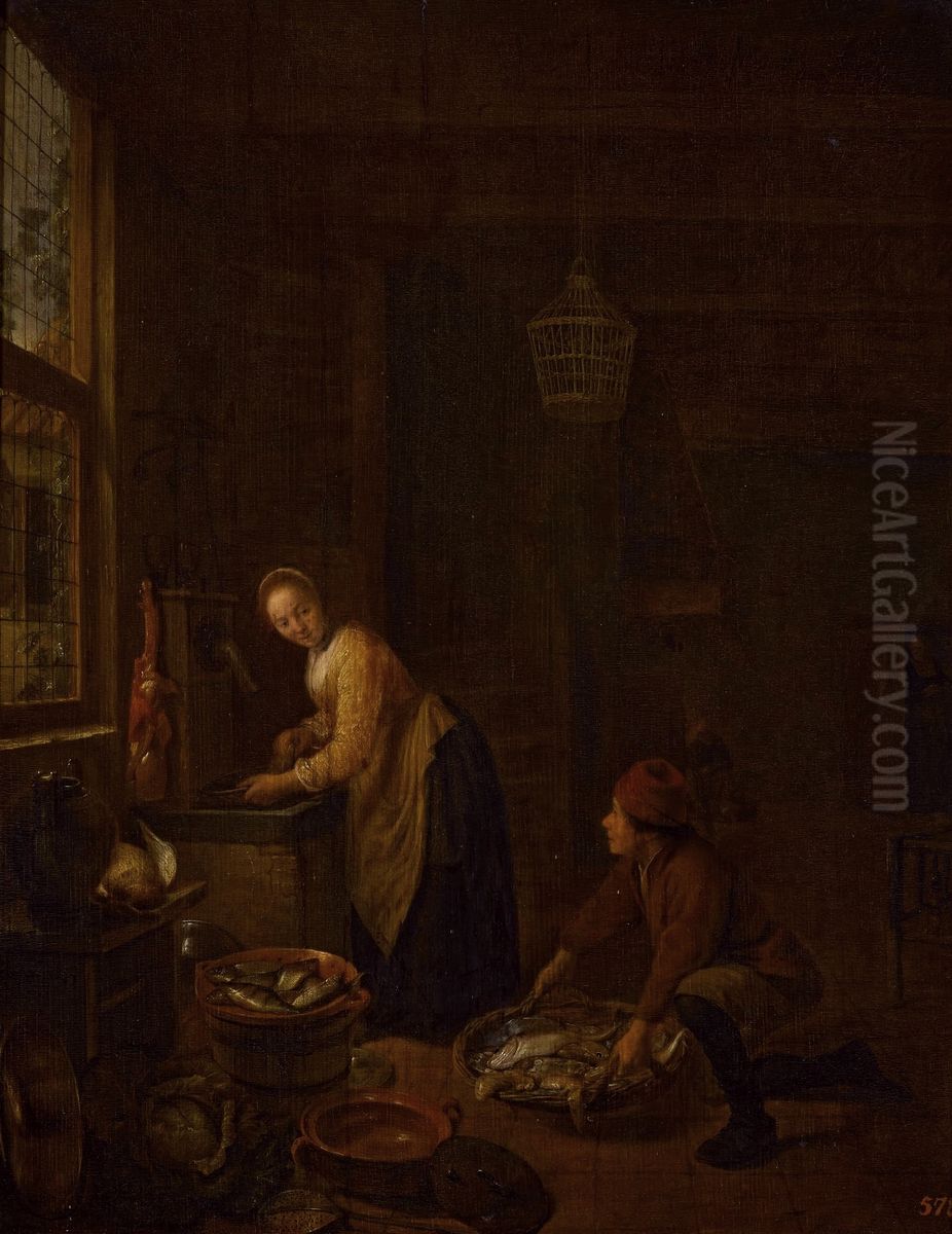 A Kitchen. Oil Painting by Hendrik Martenszoon Sorgh