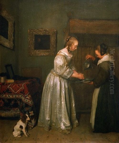 A lady washing her hands. Oil Painting by Gerard Ter Borch
