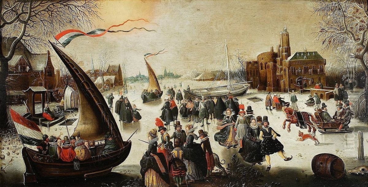 Winter Landscape with Skaters and Ice-Sailing Oil Painting by David Vinckboons I