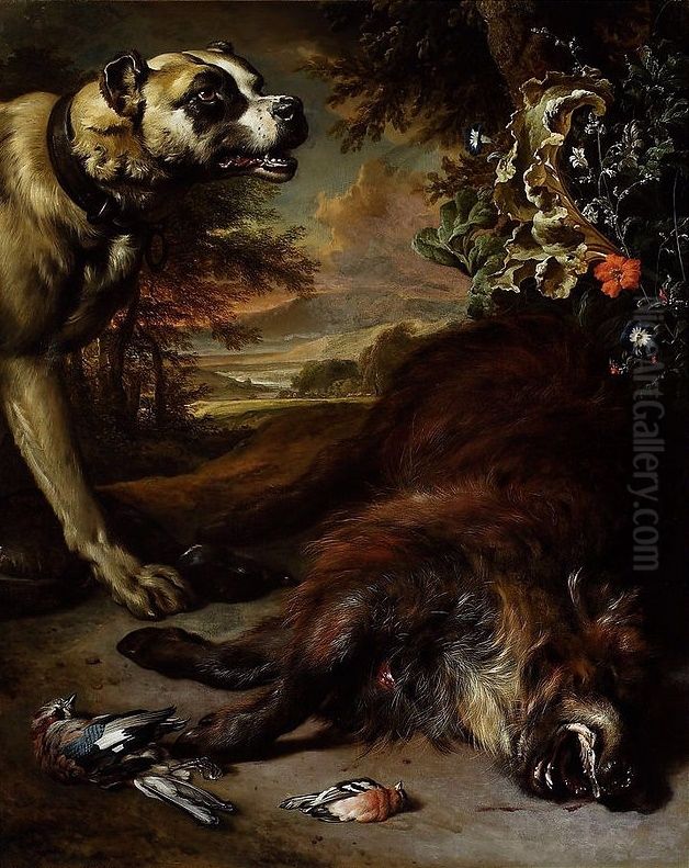 A dog over a dead boar. Oil Painting by Jan Weenix