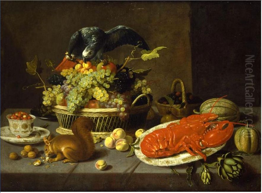 Still life with a squirrel and a parrot Oil Painting by Jacob van Es