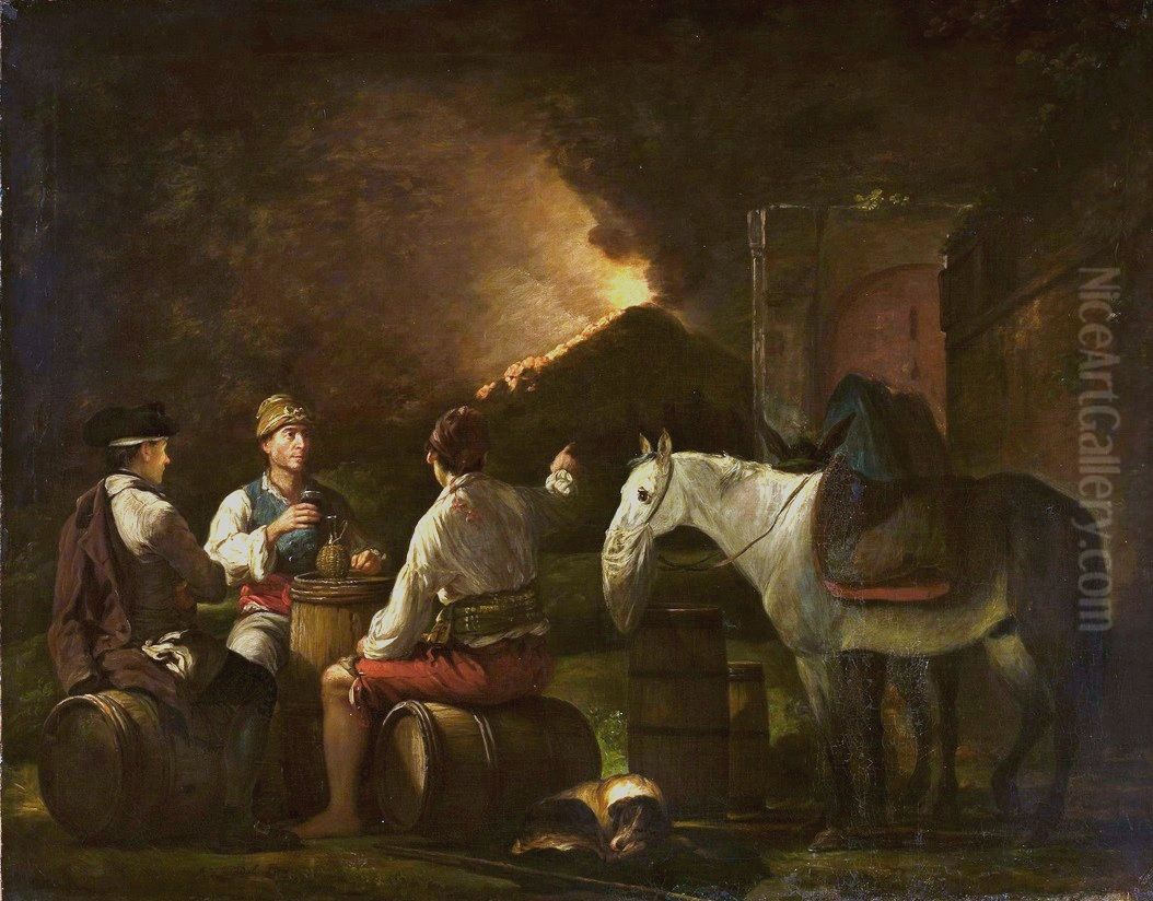 Three men drinking wine, in the background an eruption of Mount Vesuvius Oil Painting by Martin Ferdinand Quadal