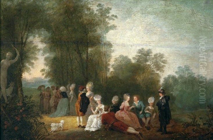 A sociable gathering in a park by the statue of Diana. Oil Painting by Jean-Pierre Norblin De La Gourdaine