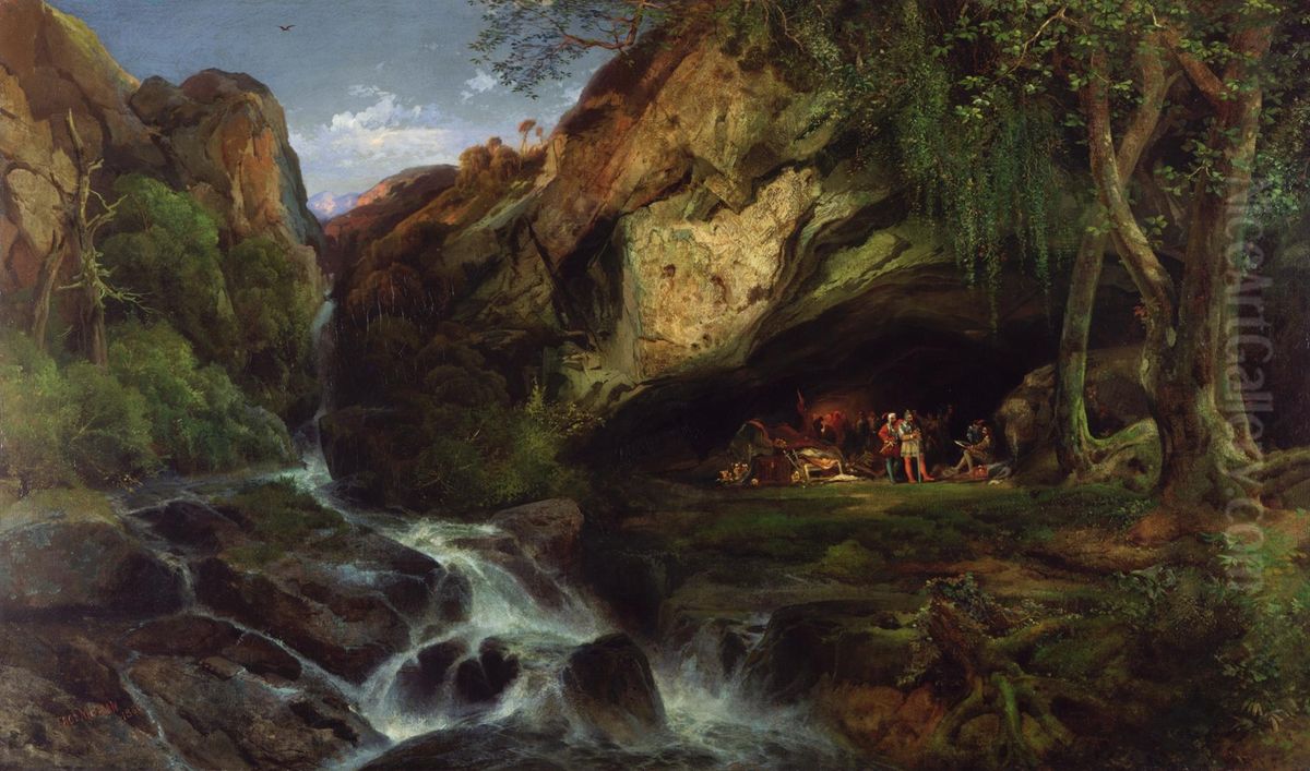 Salvator Rosa Sketching the Banditti Oil Painting by Thomas Moran