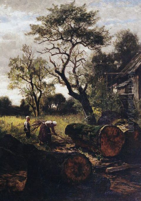 Reisigsammler (Mutter mit Sohn vor Dachauer Muhle). Oil Painting by Paul Weber