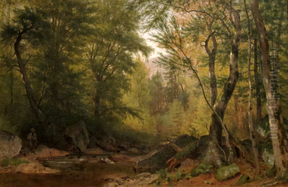 Fly Fishing Oil Painting by Worthington Whittredge