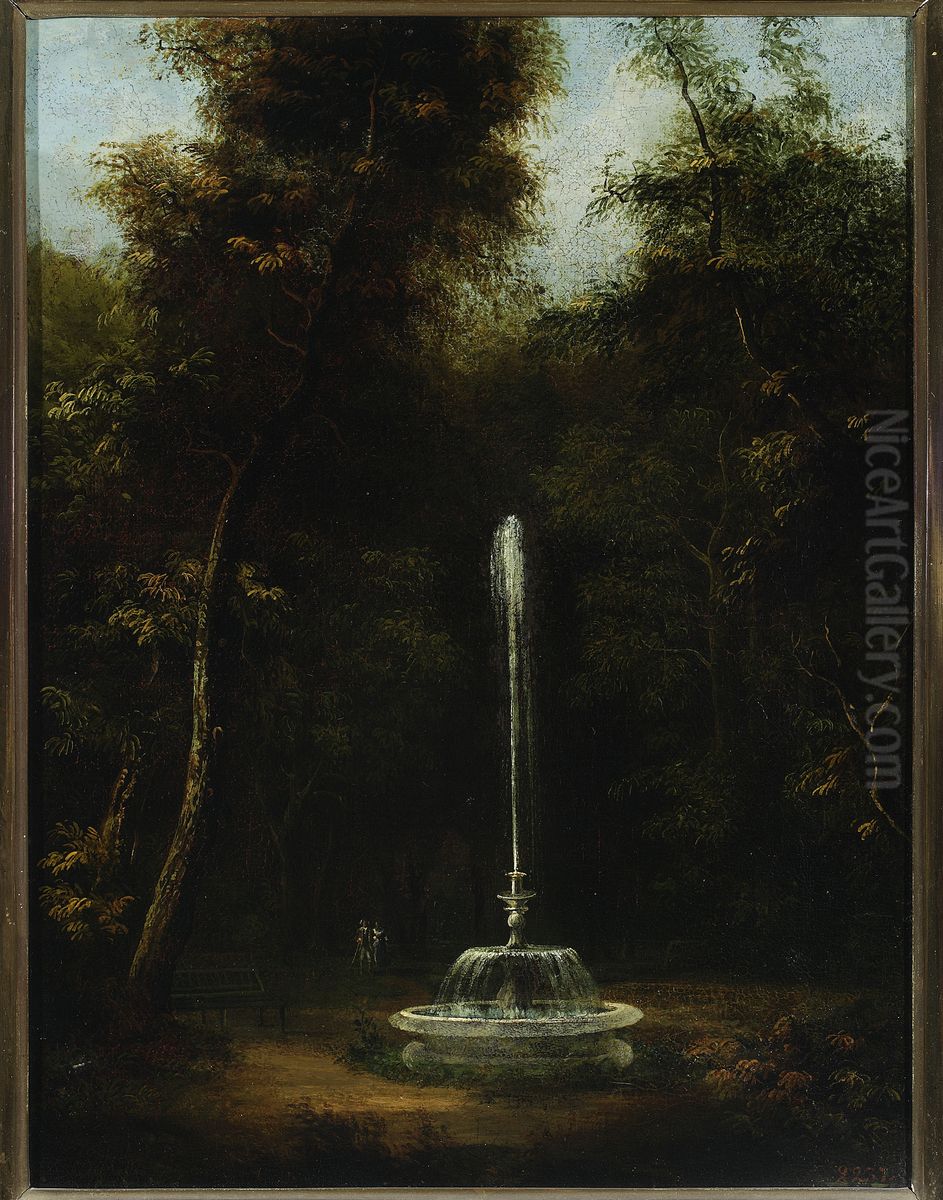 View of the Lazienki Park with a fountain II Oil Painting by Kazimierz Wojniakowski