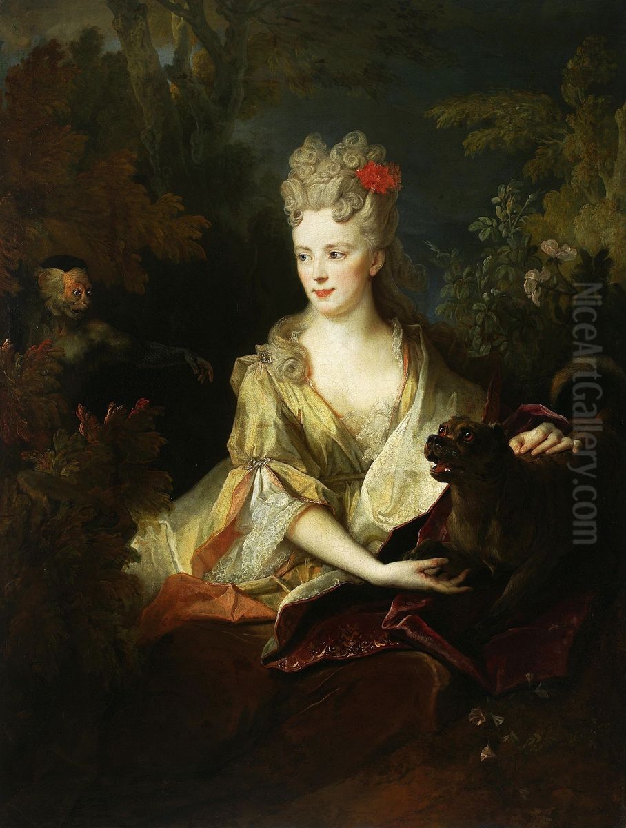 Portrait of a lady with a dog and a monkey Oil Painting by Nicolas de Largilliere