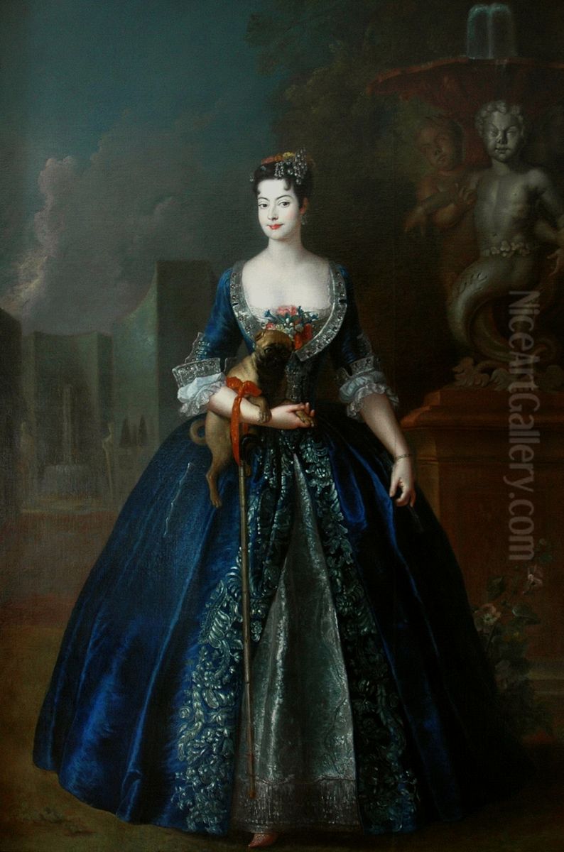 Portrait of Anna Orzelska with a pug. Oil Painting by Antoine Pesne