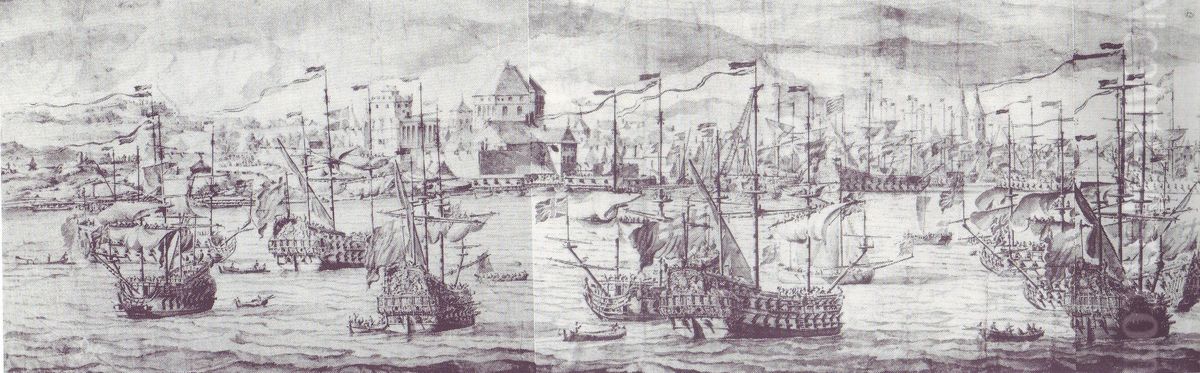 The arrival of the English squadron near the shore of Bergen in Norway, 2-12 August 1665 Oil Painting by Willem van de, the Elder Velde