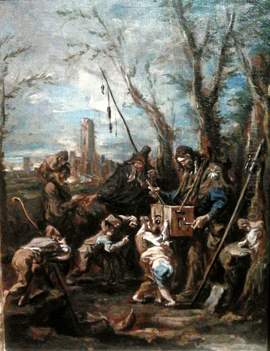 Wandering storyteller with a magic lantern. Oil Painting by Alessandro Magnasco