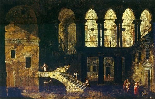 Fantastic architecture of a palace courtyard. Oil Painting by Michele Marieschi