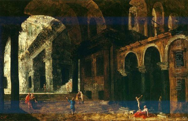 Fantastic architecture of a prison courtyard. Oil Painting by Michele Marieschi