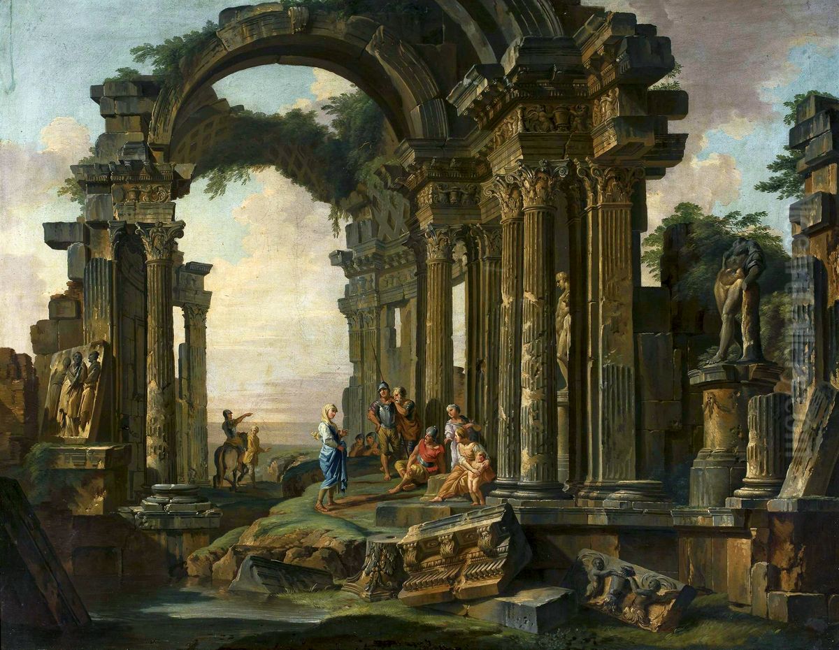 Architectural capriccio with Roman ruins. Oil Painting by Giovanni Paolo Panini