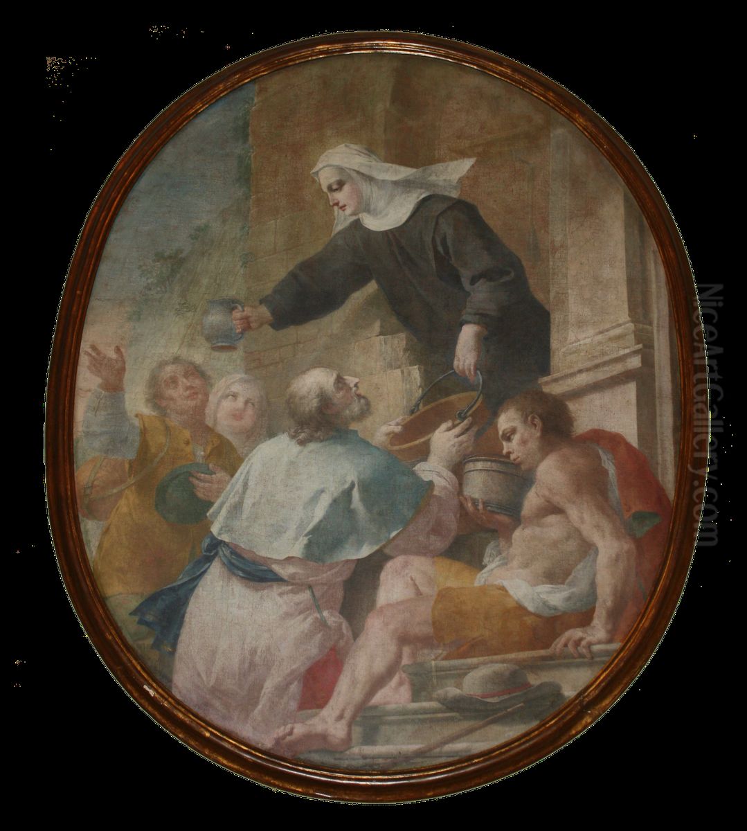 Giuliana distributes water to thirsty pilgrims Oil Painting by Biagio Bellotti