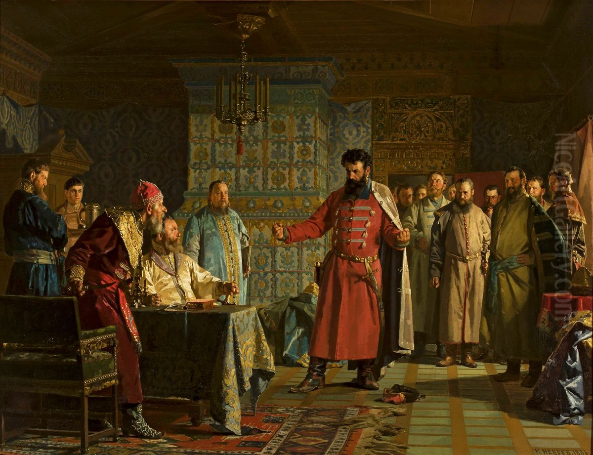 Zakhary Lyapunov's quarrel with the Tsar Vasili Shuysky at Kremlin. Oil Painting by Nikolai Nevrev