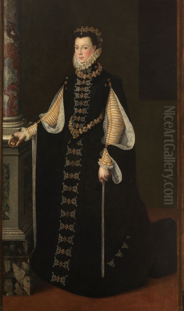 Portrait of Elisabeth of Valois holding a portrait of Philip II Oil Painting by Sofonisba Anguissola
