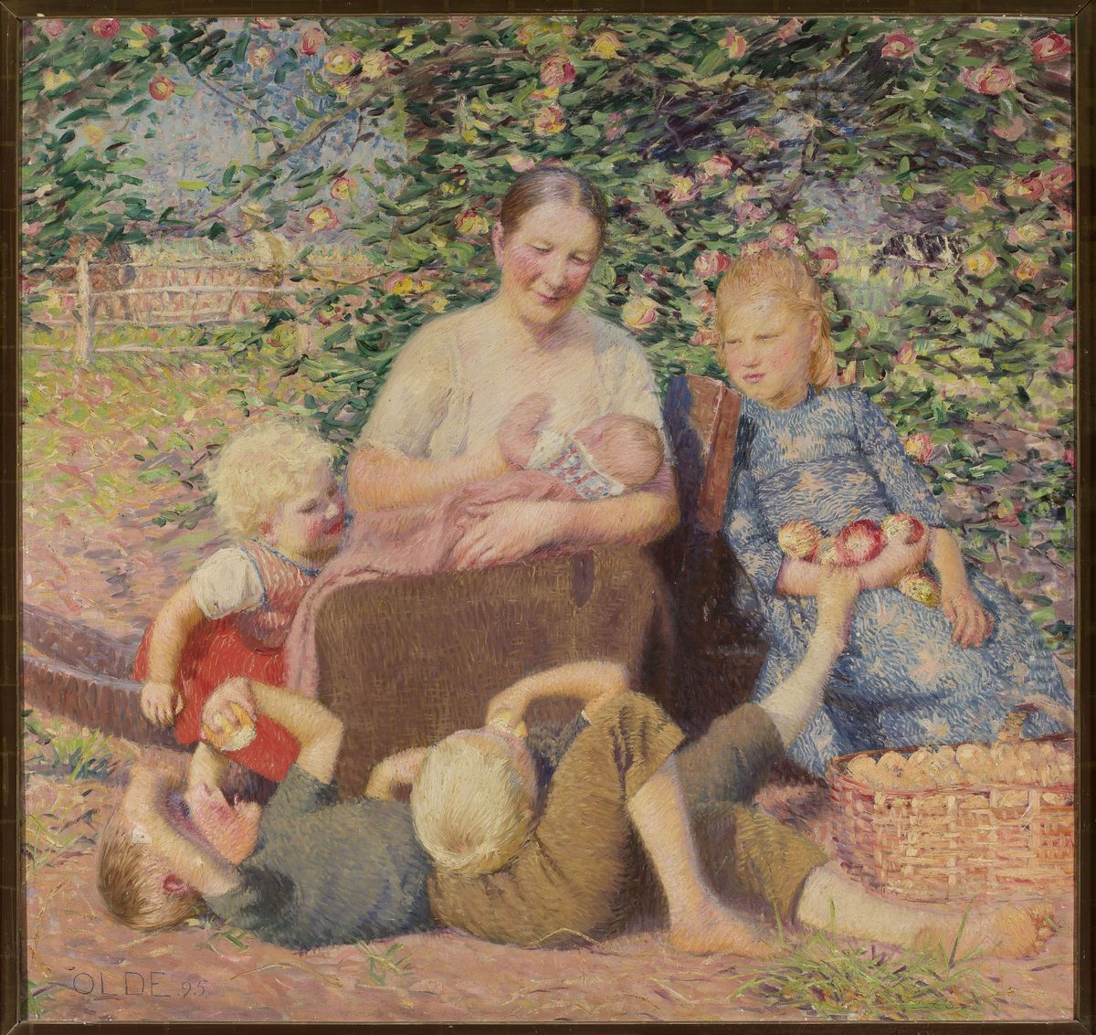 A woman with children under an apple tree Oil Painting by Hans Olde