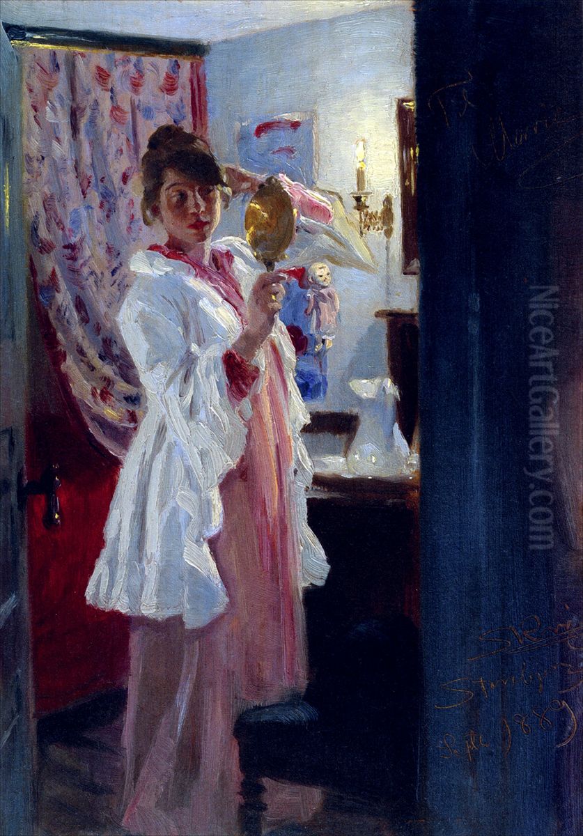Interior med Marie Kroyer Oil Painting by Peder Severin Kroyer