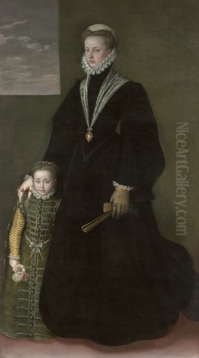 Portrait of Juana of Austria with a Young Girl Oil Painting by Sofonisba Anguissola