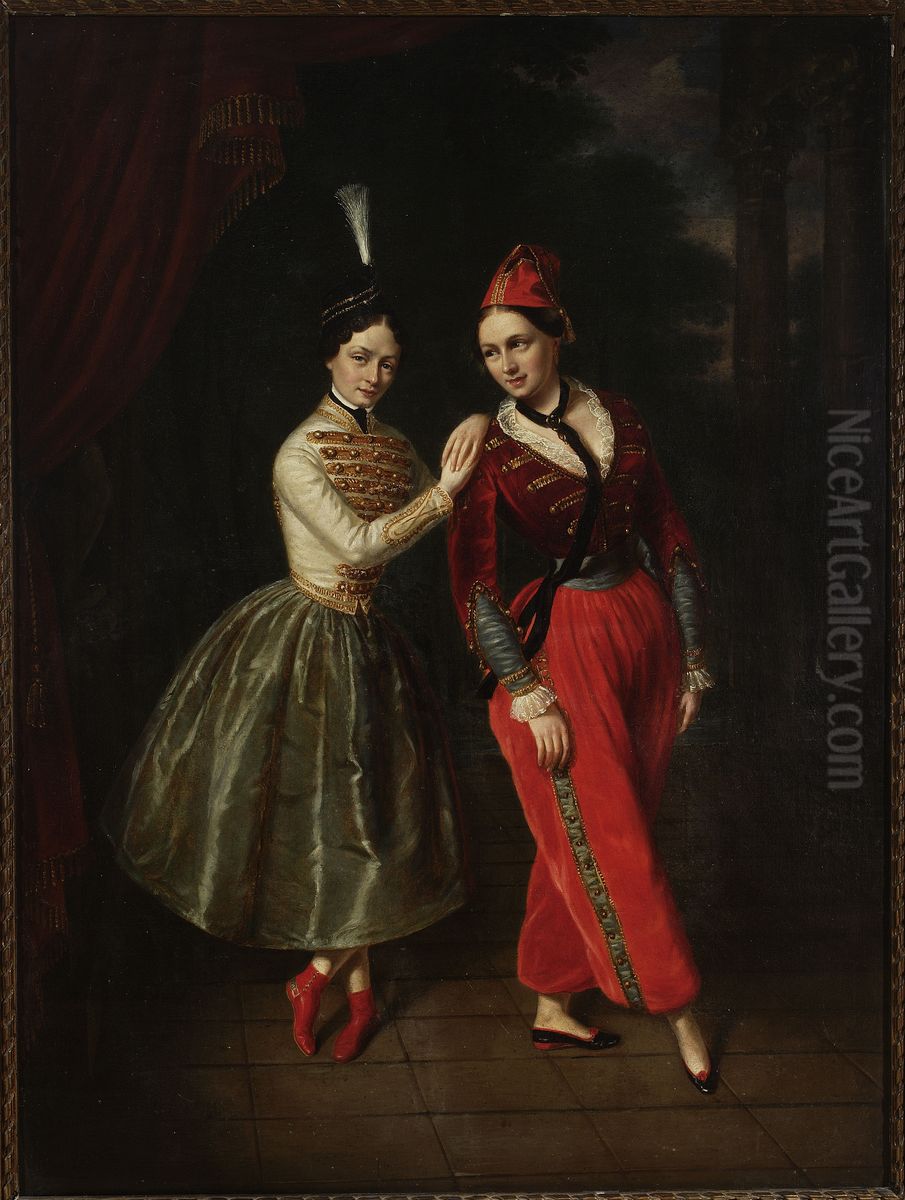 Portrait of the sisters Karolina and Anna Strauss, ballet dancers from Teatr Wielki Oil Painting by Jan Ksawery Kaniewski