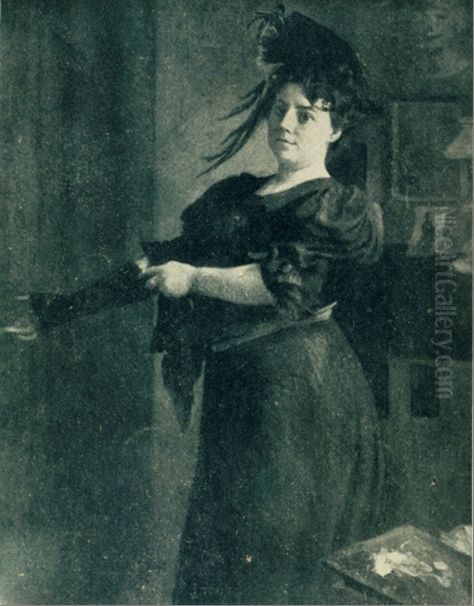 Autoretrat de Lluisa Vidal posant-se la jaqueta. Oil Painting by Lluisa Vidal