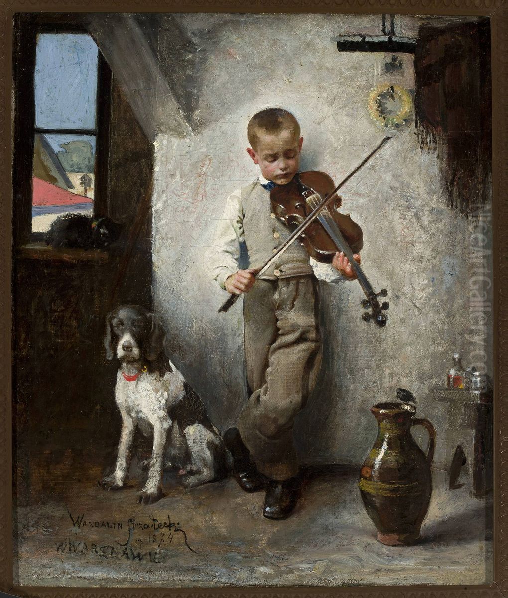 Fiddler Oil Painting by Wandalin Strzalecki