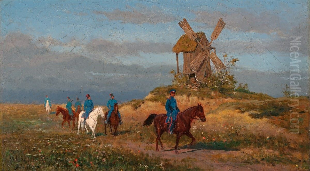 Soldiers on a field track Oil Painting by Wlodzimierz Los