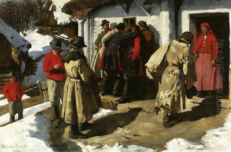 Musicians in Bronowice - in front of a tavern Oil Painting by Wlodzimierz Tetmajer