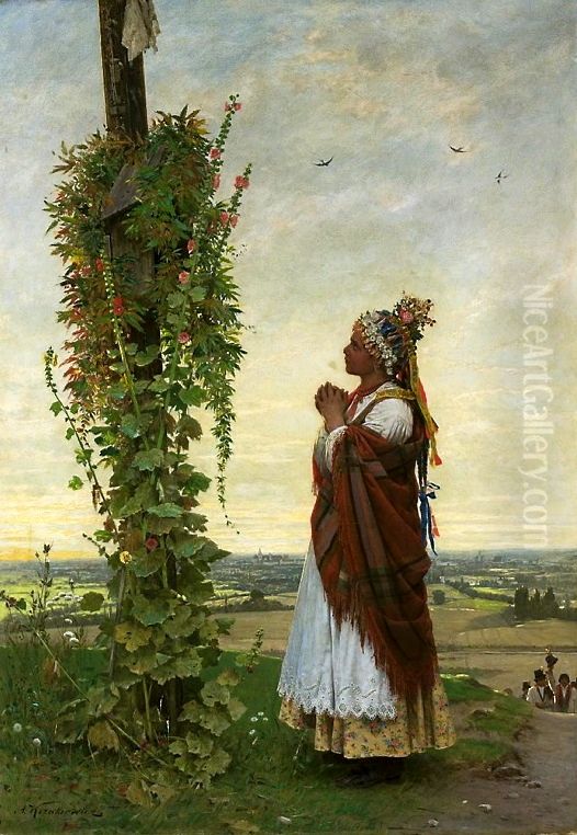 Village girl at a wayside shrine Oil Painting by Antoni Kozakiewicz
