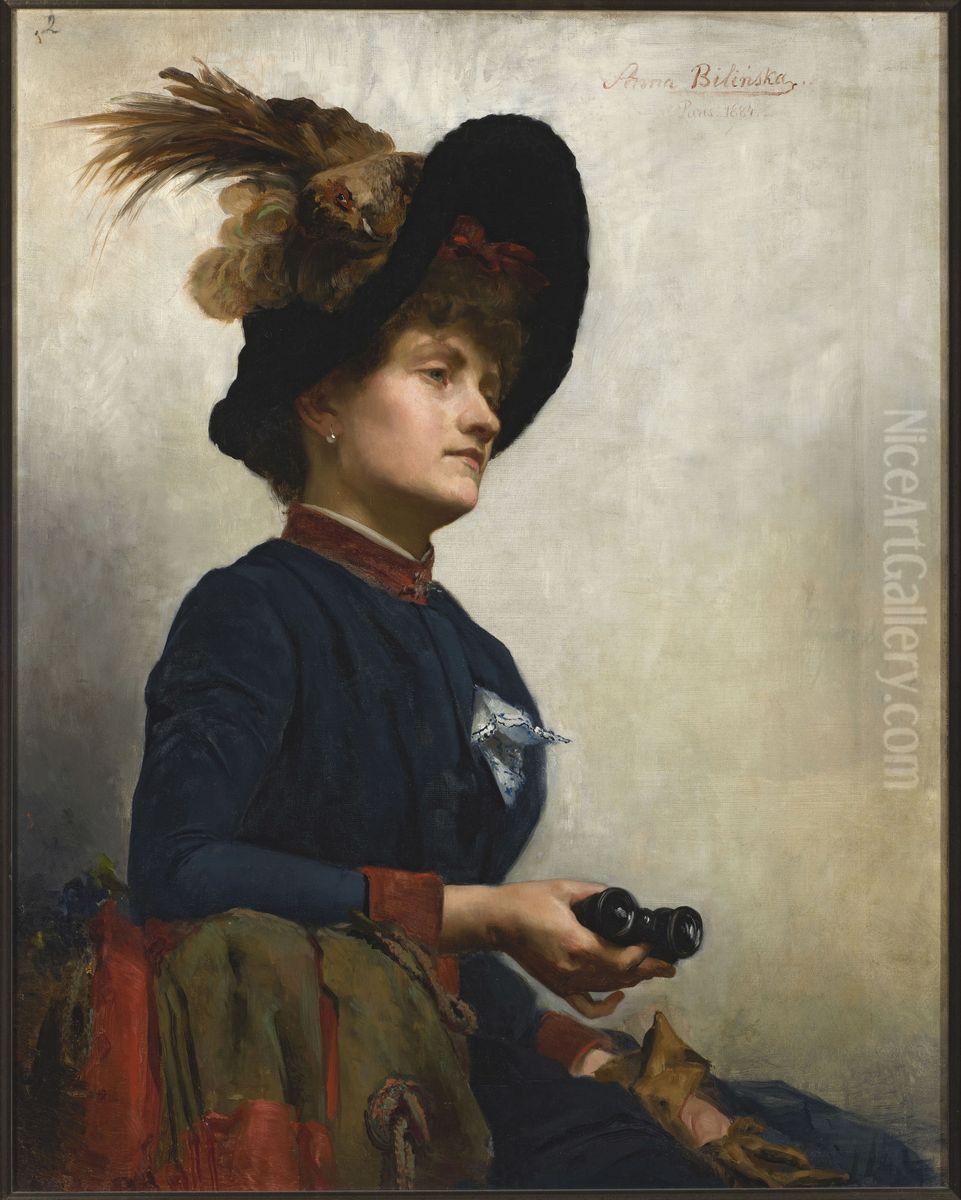 Portrait of a lady with ppera glasses Oil Painting by Anna Bilinska-Bohdanowicz