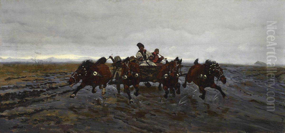 Four abreast Oil Painting by Jozef Chelmonski