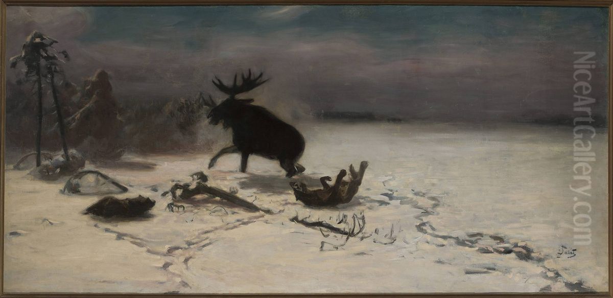 Elk fighting the wolves Oil Painting by Julian Falat