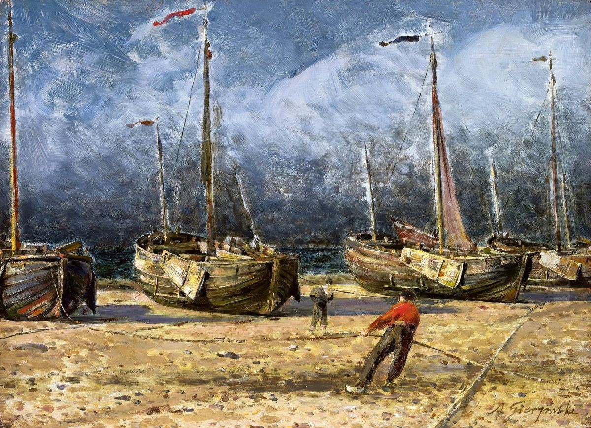 Fishing boats at the shore. Oil Painting by Aleksander Gierymski