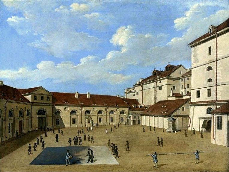 Painting a stage curtain Oil Painting by Jozef Hilary Glowacki