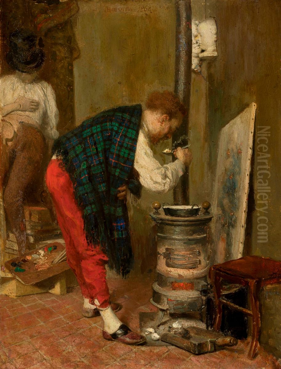 Artist's studio interior with a self-portrait Oil Painting by Leopold Horovitz