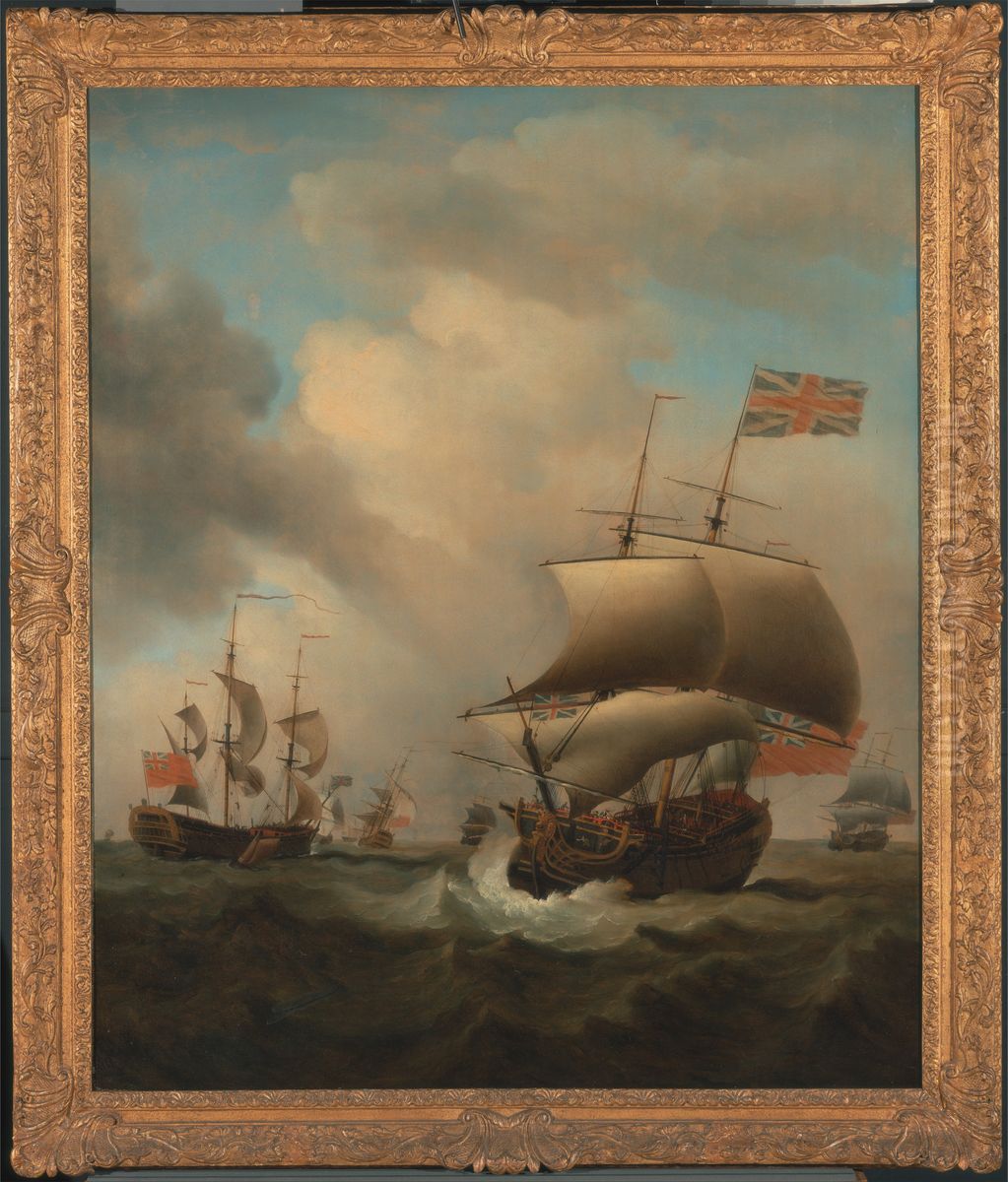 Shipping in a Choppy Sea Oil Painting by Samuel Scott
