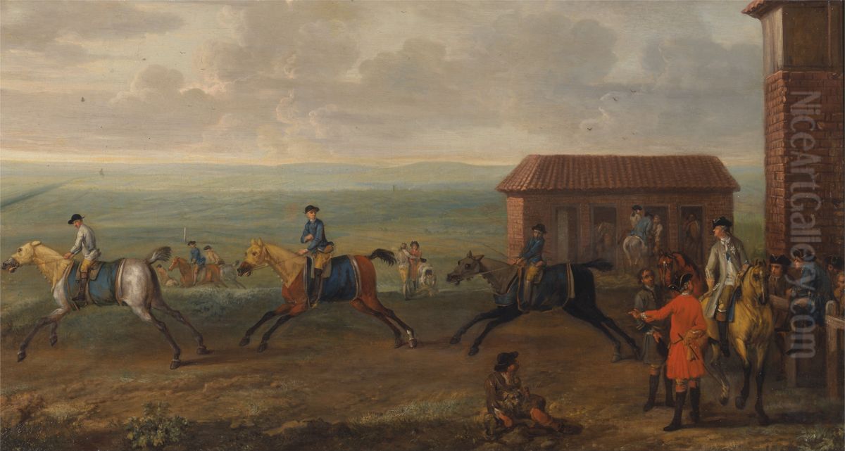 Lord Portmore Watching Racehorses at Exercise on Newmarket Heath Oil Painting by John Wootton