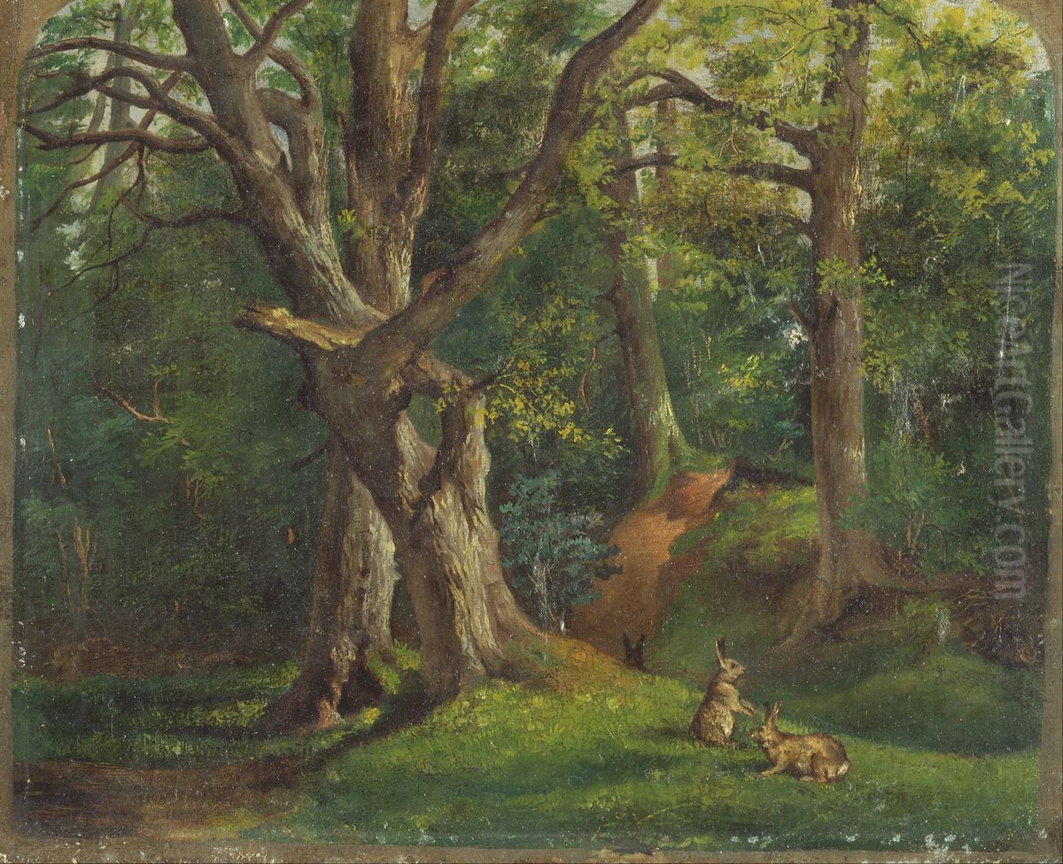 Woodland scene with rabbits Oil Painting by Hubert von Herkomer