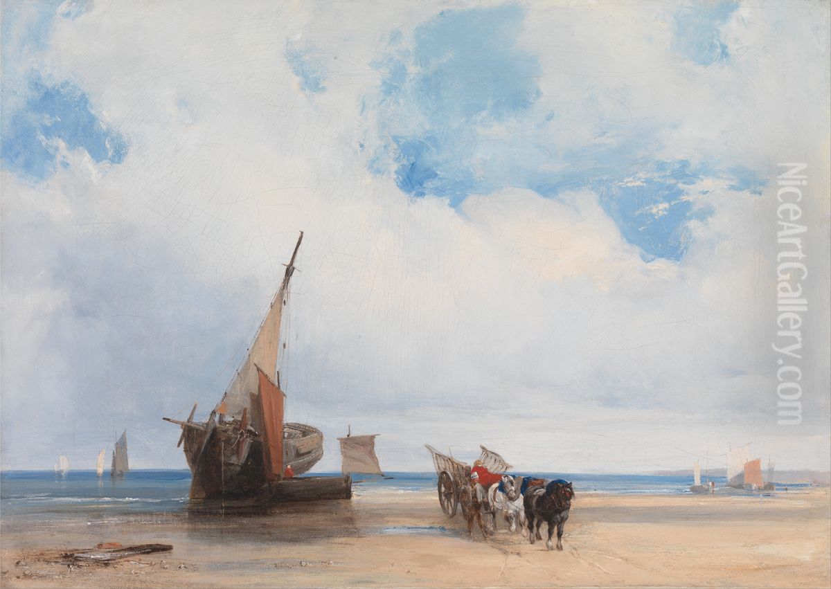 Beached Vessels and a Wagon, near Trouville, France Oil Painting by Richard Parkes Bonington
