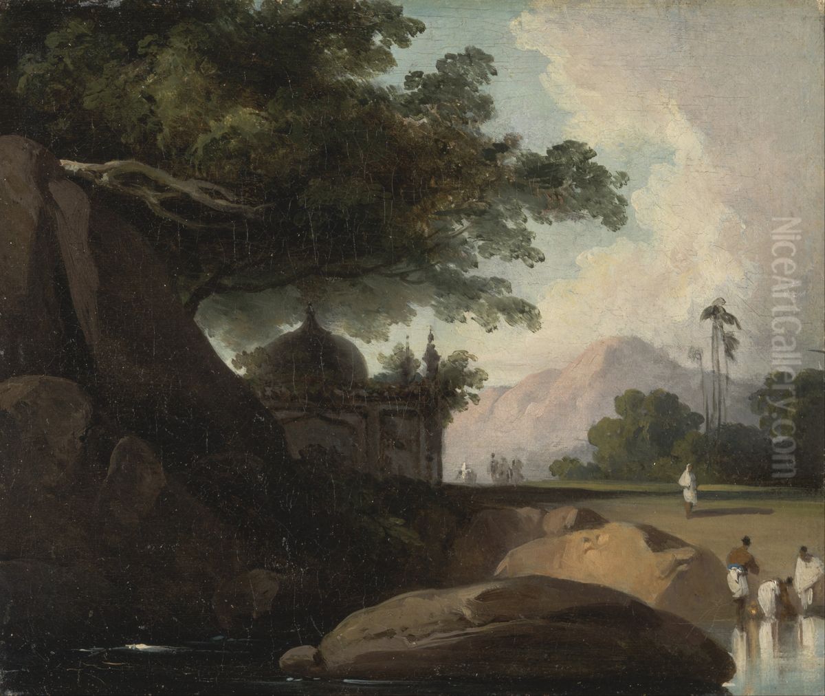 Indian Landscape with Temple Oil Painting by George Chinnery