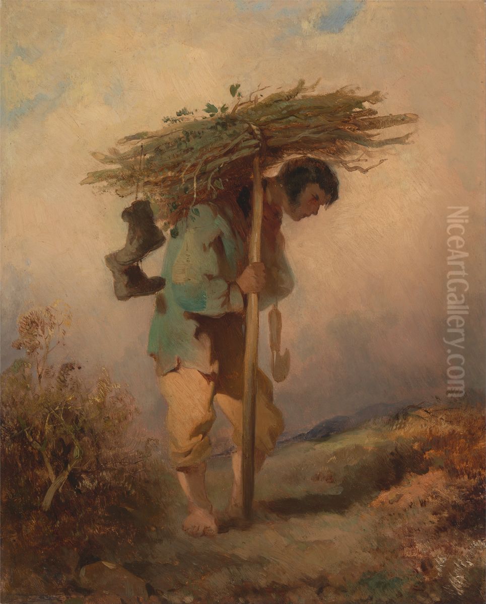 A Man Carrying Faggots Oil Painting by George Chinnery