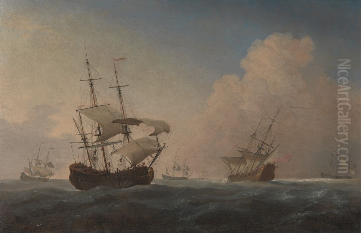 English Warships Heeling in the Breeze Offshore Oil Painting by Willem van de Velde the Younger