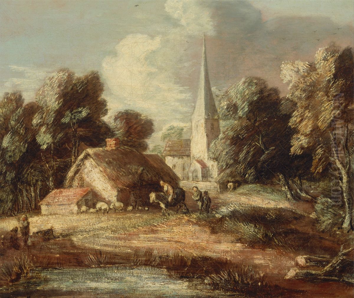 Landscape with cottage and church Oil Painting by Thomas Gainsborough