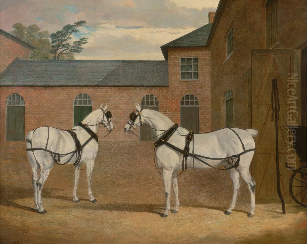 Grey carriage horses in the coachyard at Putteridge Bury, Hertfordshire Oil Painting by John Frederick Herring, Sr.