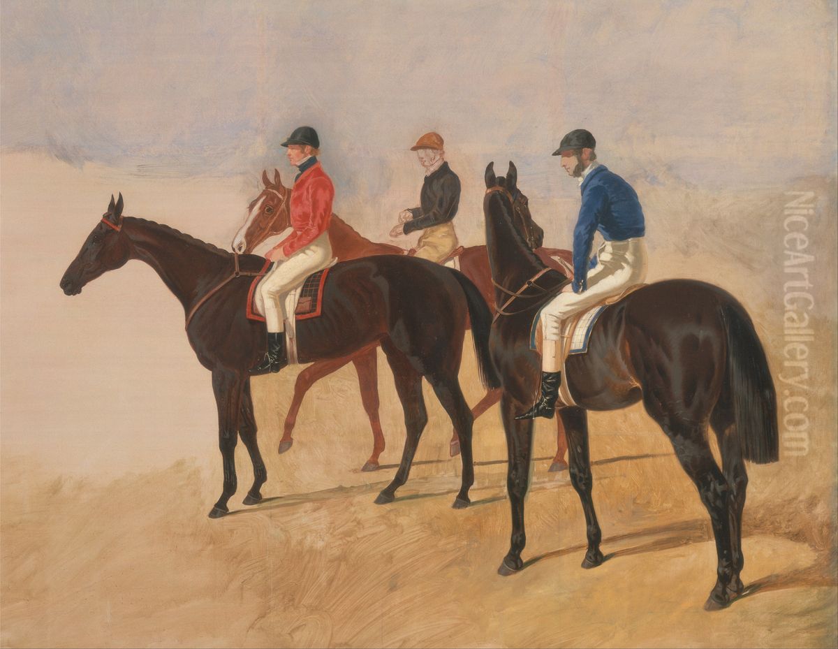 Allen McDonough on Brunette, Tom Oliver on Discount, and Jem Mason on Lottery Oil Painting by John Frederick Herring, Sr.