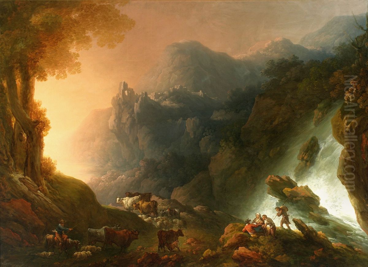 Mountain landscape with a waterfall Oil Painting by Franciszek Ksawery Lampi