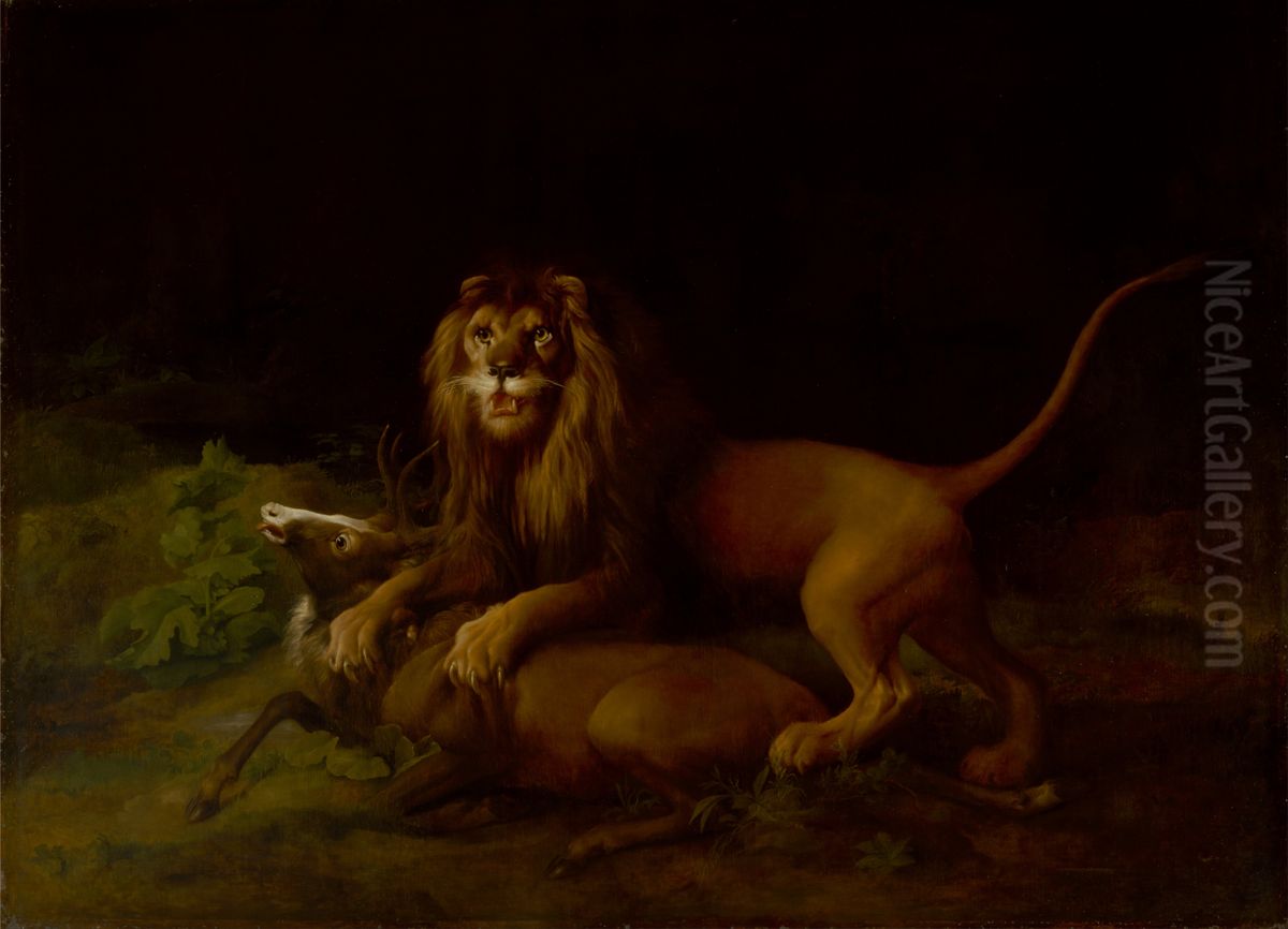 A Lion Attacking a Stag Oil Painting by George Stubbs