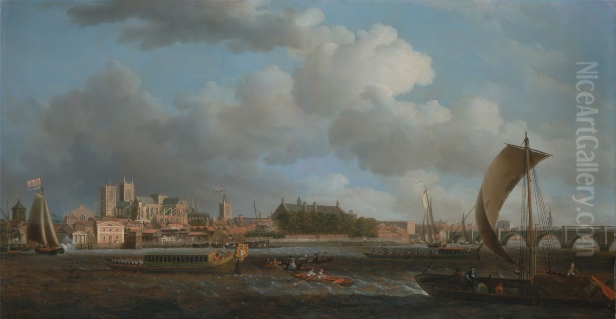 Westminster from Lambeth, with the Ceremonial Barge of the Ironmongers' Company Oil Painting by Samuel Scott