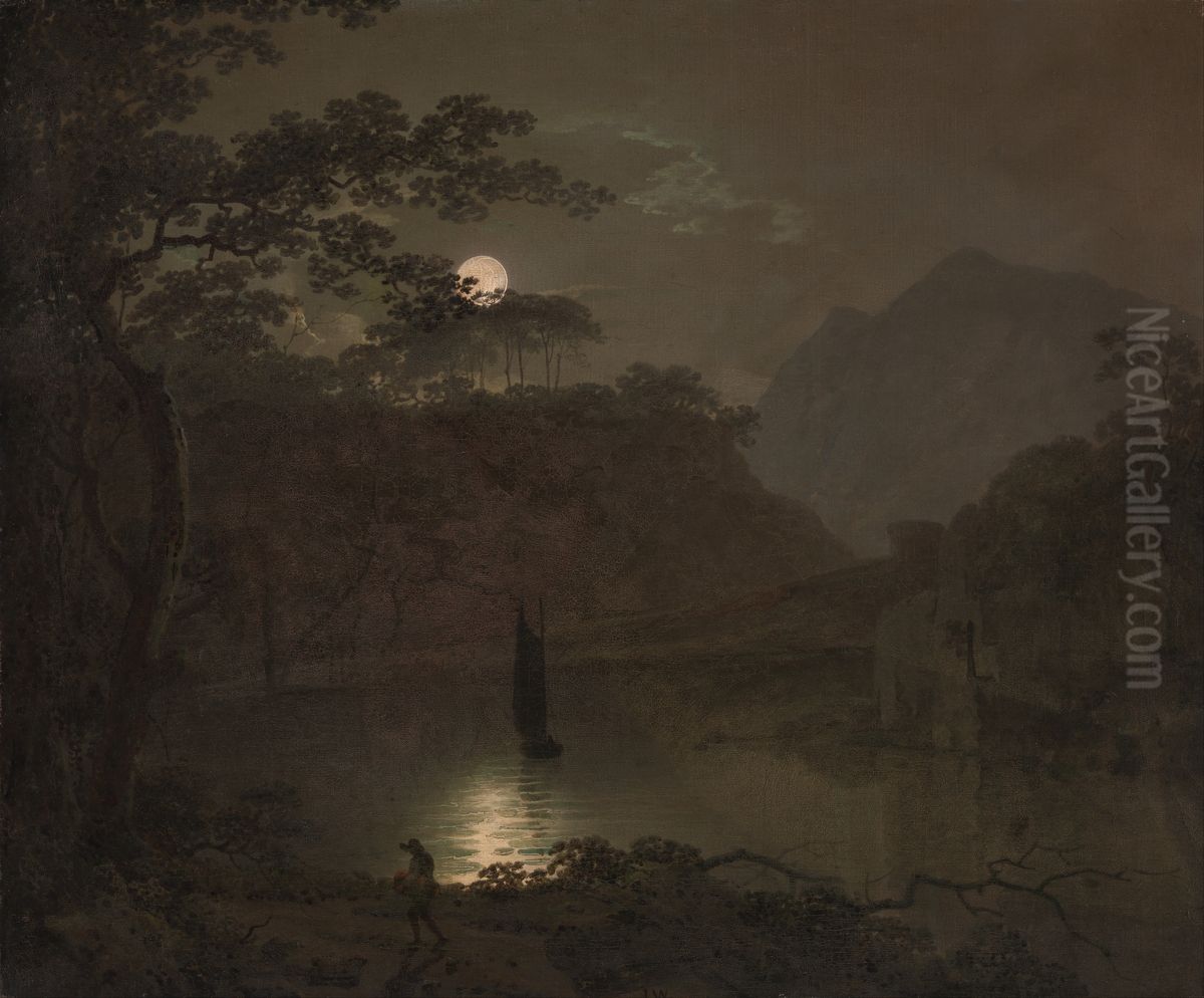 A Lake by Moonlight Oil Painting by Joseph Wright of Derby